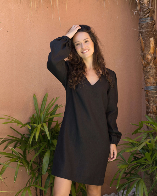 Linen Gathered Sleeve Tunic Dress with VNeck