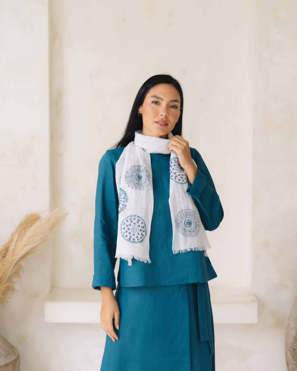 Linen Jade Blue Embroidered Circles Design Scarf