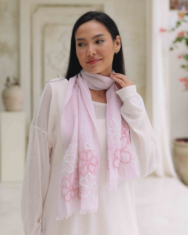 Linen Pink Embroidered Floral Design Scarf